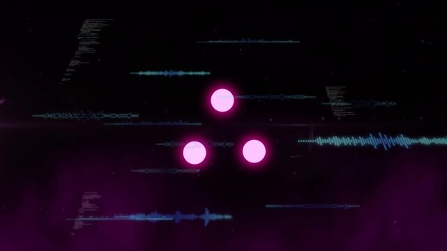 Sound input driving three magenta discs pulsing in dark music visualizer, cyan waveforms traveling