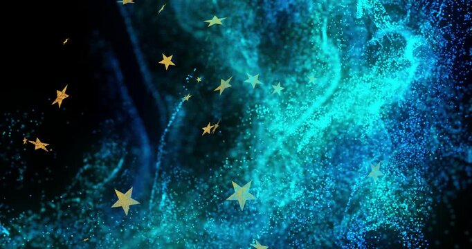 Turquoise particle mass pulsing, pulse starting ribbon waves and golden stars drifting for tech use