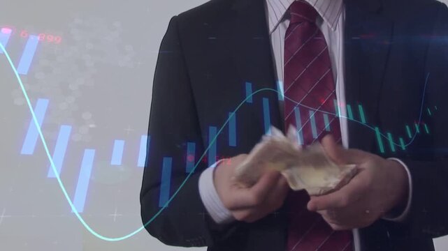 Vertical video: Man grabbing cash, counting and sorting while chart crossing hands for finance