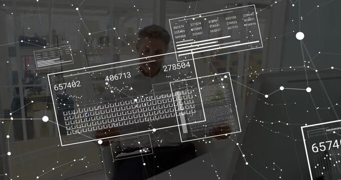 Host demonstrating status at tech desk gesturing, AR layer starting, updating keyboard and numbers
