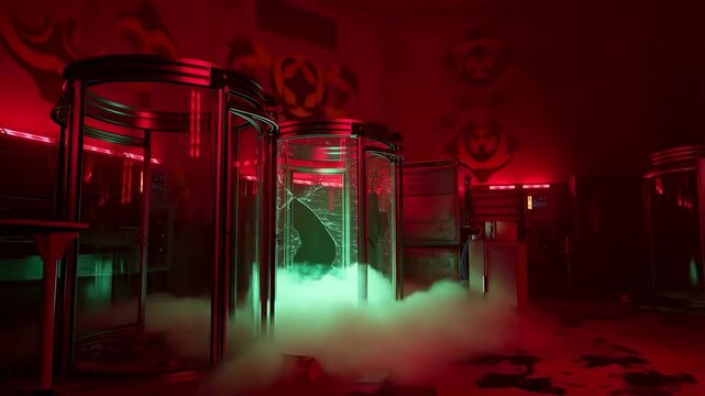 Tracking shot of glass containment chambers with cracked panel and green fog leaking in red lit industrial lab interior