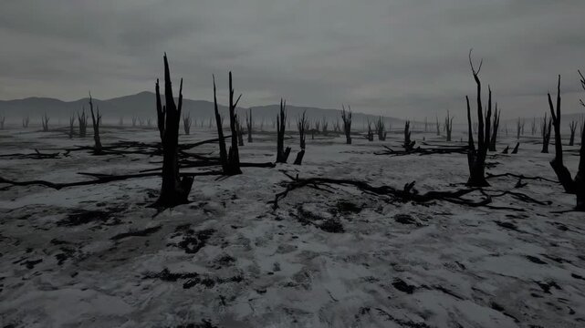 Fragile Terrain With Misty Horizon And Broken Ground. Uninhabited Land With Fractured Earth And Smoky Distant Skyline. Vacant Open Space Featuring Shattered Terrain And Atmospheric Mist In Background