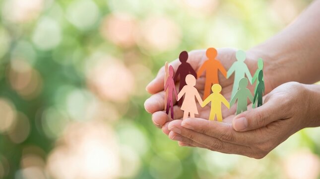 community, diversity, inclusion, unity, support, togetherness, social work concept with hands holding colorful paper people figures over a blurred natural green bokeh background.