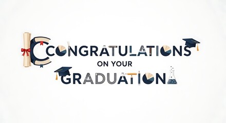 Fototapeta premium A graphic illustration with the text 'CONGRATULATIONS ON YOUR GRADUATION' featuring academic symbols like a diploma, graduation caps, and scientific glassware.