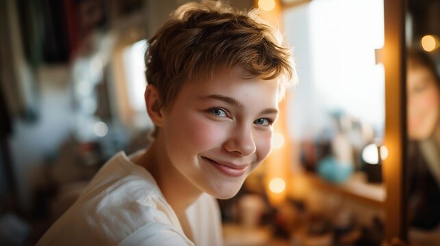Young person celebrates gender affirmation milestone privately in mirror, joy mixed with grief for lost time, perfect for transition celebration, bittersweet achievement, and contemporary identity