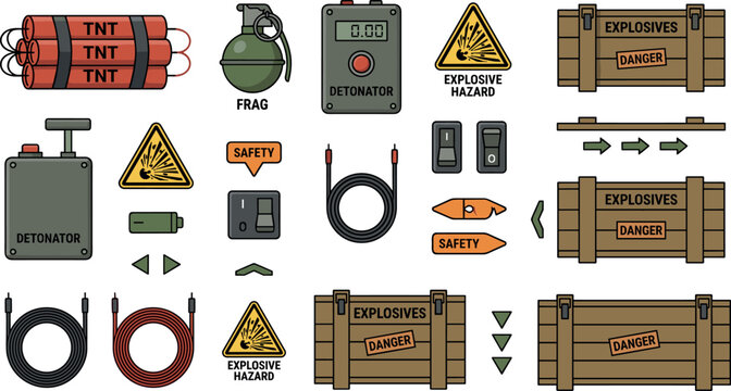 Explosive Hazard Equipment and Detonator Icons Set TNT Bomb Safety Collection