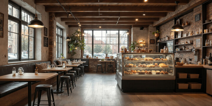 Artisan Coffee Shop with Exposed Wood Beams and Pastry Display A cozy cafe showcasing a central glass pastry case brimming