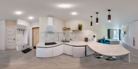 full seamless hdri 360 panorama in interior of guest living room hall in studio apartment with...