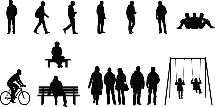 People silhouette collection, walking figures, standing poses, cycling, swing set, social interaction, everyday lifestyle, casual activities, black and white illustration