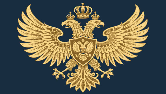 A gold double-headed eagle emblem with a shield and crowns on a dark blue background