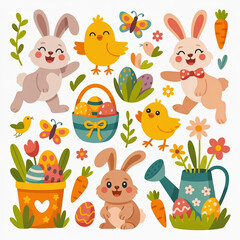 Obraz premium Cute Easter bunnies and chicks isolated on transparent background