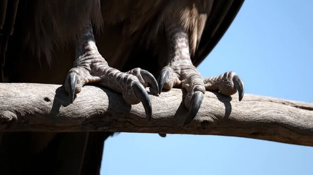 Close-up of a bird of prey&rsquo;s talons gripping a branch against a clear blue sky, showing detailed texture and natural stillness.