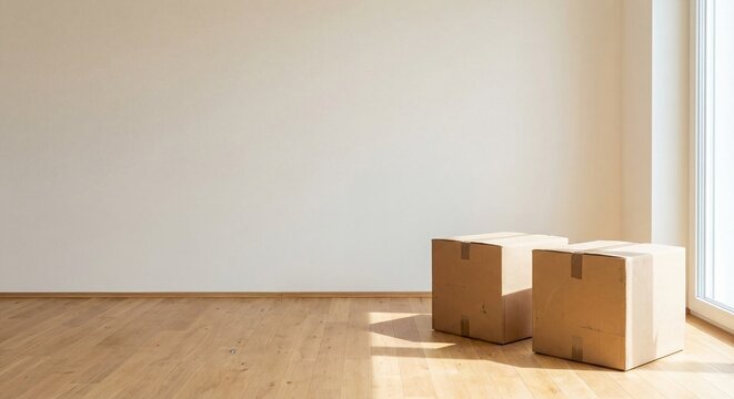 Cardboard moving boxes in empty room with wooden floor