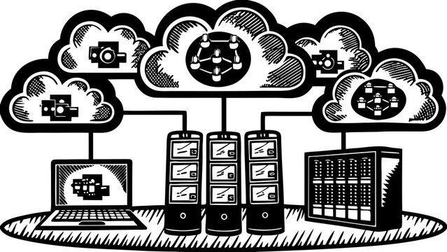 Cloud computing infrastructure connects servers, a laptop, and network diagrams in a monochrome.