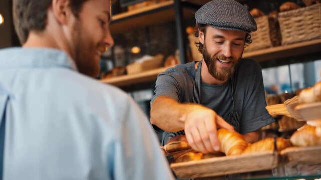 Customer interactions at a bakery with a smiling server offering fresh pastries in a warm and inviting cafe atmosphere