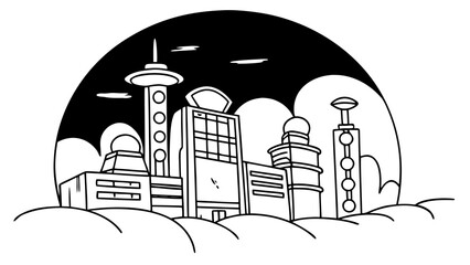 Futuristic cityscape illustration shows tall towers above the clouds at night. © Optimus 