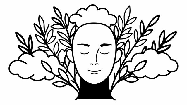 A serene, bald face is framed by dark leaves and soft, volumetric clouds suggesting deep thought.