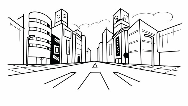 A dramatic, high-angle, one-point perspective drawing depicts a wide city street lined with modern.