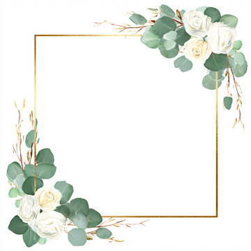 Watercolor gold square frame with white roses and eucalyptus twigs