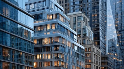 Obraz premium Modern urban architecture featuring glass and steel buildings with illuminated windows in a city skyline during twilight hours