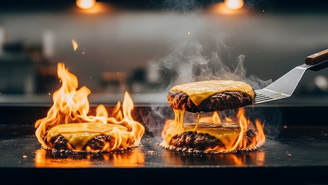 Flaming burgers sizzling on a grill with a spatula