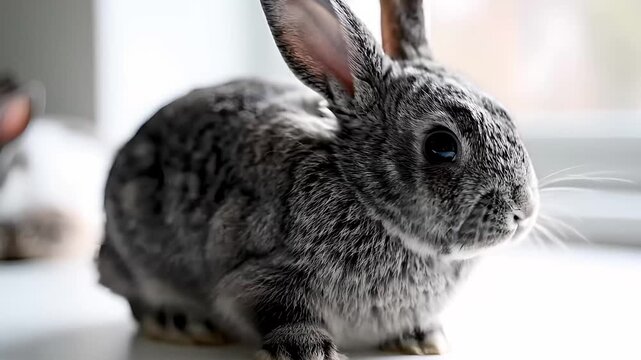 Close up of a fluffy grey rabbit with detailed fur texture sitting indoors near a bright window with soft natural light illuminating its face and whiskers