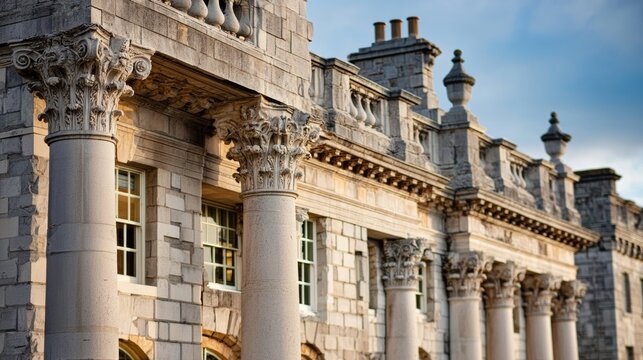 Architectural detail of classical stone building featuring ornate columns and decorative cornices under a blue sky with soft clouds in the background