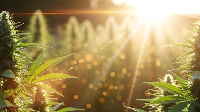 Sunlit cannabis plants in a lush green field with golden light