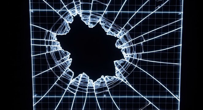 Shattered glass with a hole in the center and radiating cracks on a black background.