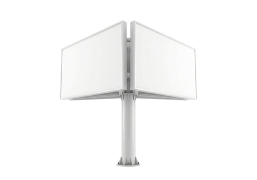 White three sided blank billboard on pole isolated. Outdoor advertising signage mockup.