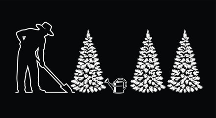 White silhouette of a gardener digging with a shovel near pine trees and a watering can on a black background © Md