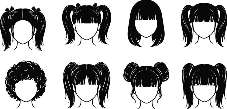 Vector silhouette set of cute girls hairstyles with pigtails, bangs, buns, and curly hair, female hair fashion icons isolated on white