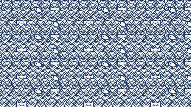 Japanese Pattern Background Animation &ndash; Seigaiha Wave with Cat and Fish Kawaii Design Loop
