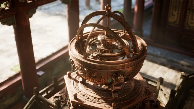 Ancient brass armillary sphere displayed in a traditional wooden structure