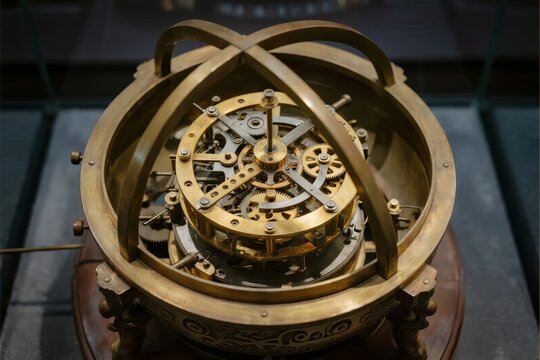 Brass astronomical clock mechanism with intricate gears and armillary sphere design