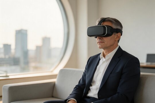 Businessman wearing VR headset in office