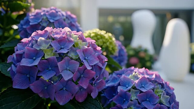 Lush Hydrangea Bush in minimalist modern garden bathed in soft afternoon light showcasing blue purple pink blooms