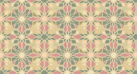 Fototapeta premium Geometric tile pattern with stars and polygons in muted colors. Suitable for backgrounds, wallpapers, textiles, and home decor designs.