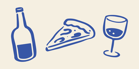 Naklejka premium Wine pizza and glass doodle icon set vector illustration