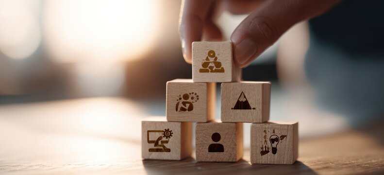 Building a Foundation - Hand Placing Icon Blocks in Pyramid.