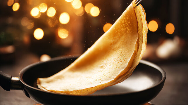 Golden pancake being deftly flipped in a hot frying pan against a warm blured background with glowing bokeh lights