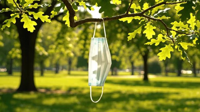 Face mask hanging on a tree branch in a park symbolizing freedom and relaxation after the pandemic