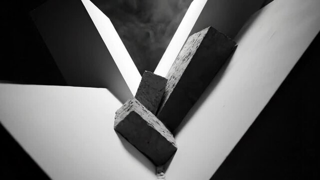 Abstract black and white composition of angular shapes with geometric design and smoky effect