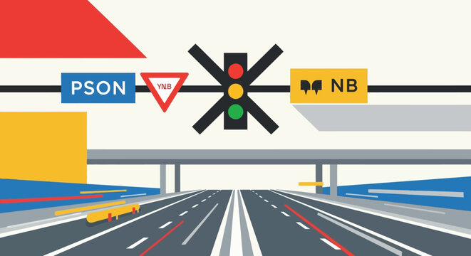 Railroad crossing gate illustration with PSON and NB signs on highway