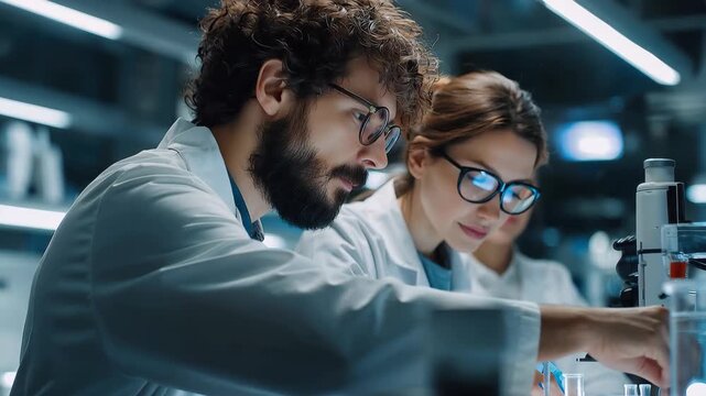 Diverse team of scientists collaborating on research in a modern laboratory during a busy workday to innovate and solve complex scientific challenges