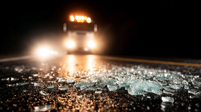 Broken glass on wet night road during a traffic accident, a truck with headlights approaching, emergency scene