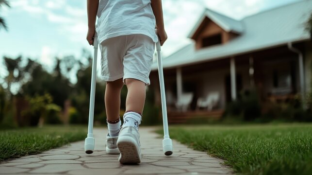 A young child learning to walk with crutches shows determination and resilience, symbolizing courage and the amazing journey of adaptation in overcoming challenges.