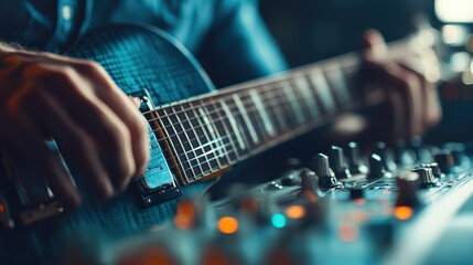 Fototapeta premium A close-up shot captures a person's hands skillfully playing a guitar, with musical equipment in view, creating an atmosphere rich in creativity, passion, and artistic expression.