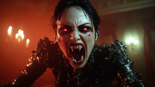 A fierce and intense character with glowing red eyes emerges from a shadowy background, exuding power, fear, and the darker aspects of the human psyche in a striking visual.