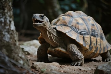 Obraz premium A large tortoise with a patterned shell is walking on dirt ground in a natural forest setting, mouth open as if vocalizing.
